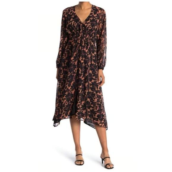 ASTR The Label Dresses & Skirts - ASTR The Label Floral Smocked V-Neck Long Sleeve Dress Black/Coral Women Sz L